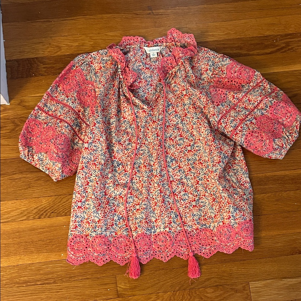 Sundance Pink Floral Blouse with Tassels